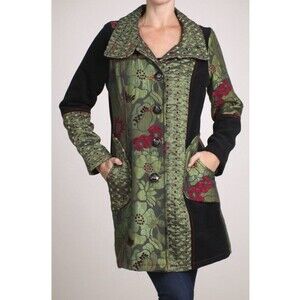 Neslay Paris Women Sz S Jacquard Long Blazer Jacket Black Green Floral Fairy